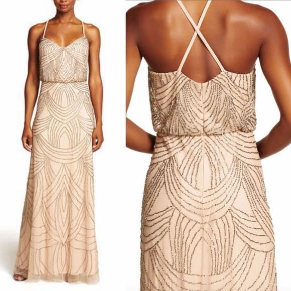 Adrianna Papell Dresses & Skirts - Adrianna Papell Beaded Mesh Blouson Dress Sz 6 Taupe pink formal maxi Gown